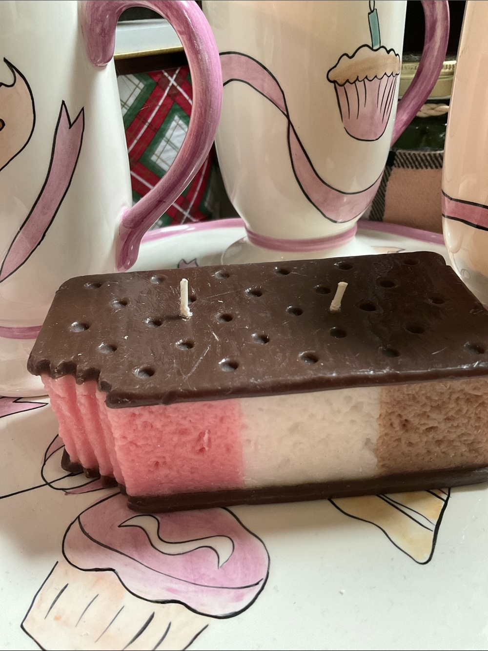 Neapolitan Ice Cream Sandwich Decorative Candle - Brown, Cream, Pink